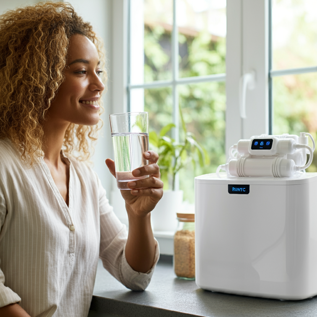 Person enjoying a glass of clean, refreshing water filtered by a reverse osmosis system