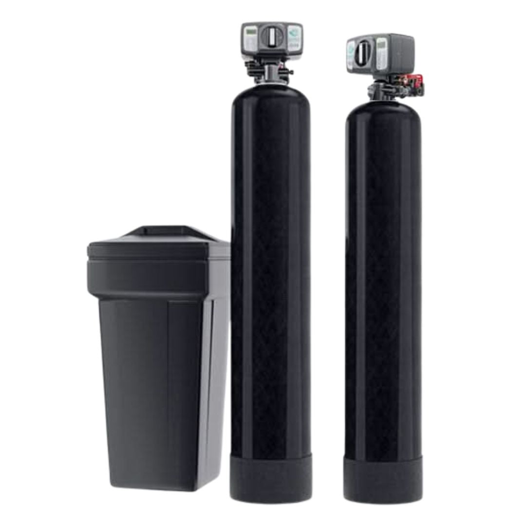 Set of black cylindrical water filtration systems on a white background