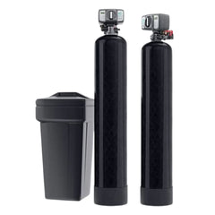 Set of black cylindrical water filtration systems on a white background
