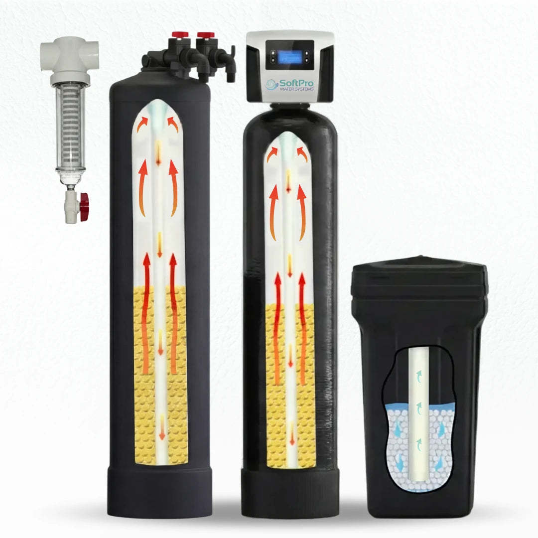 SoftPro Elite Smart HE water softener with carbon filter, featuring three cylindrical tanks and a digital control panel.