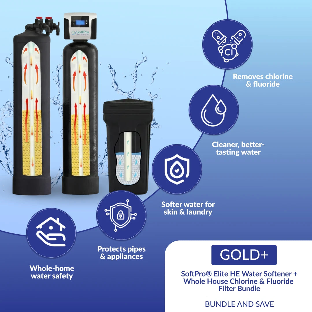 SoftPro Elite HE water softener and fluoride filter bundle, featuring two tall tanks and a black filtration unit.