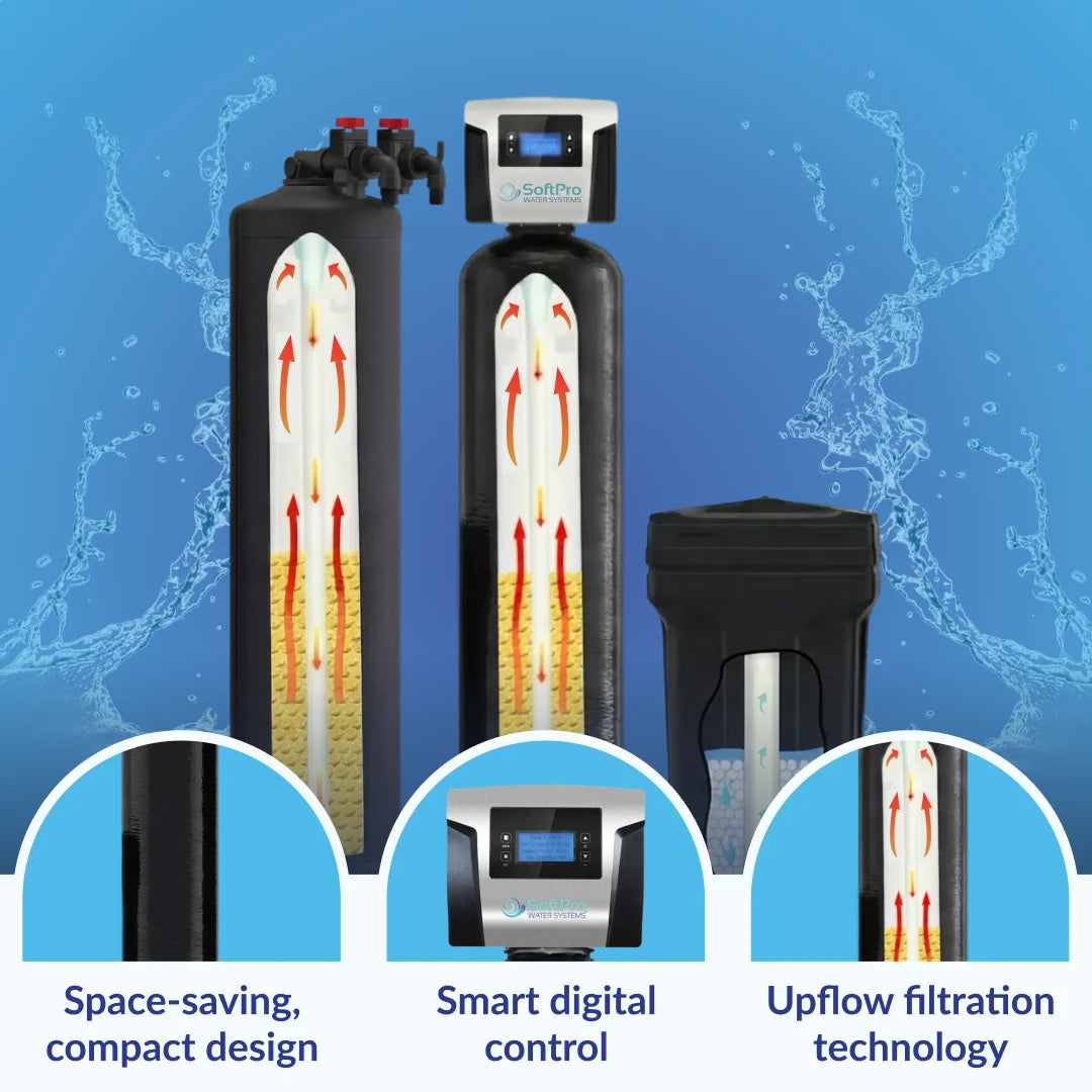 SoftPro Elite Smart HE water softener with digital control and compact design, featuring upflow filtration technology.