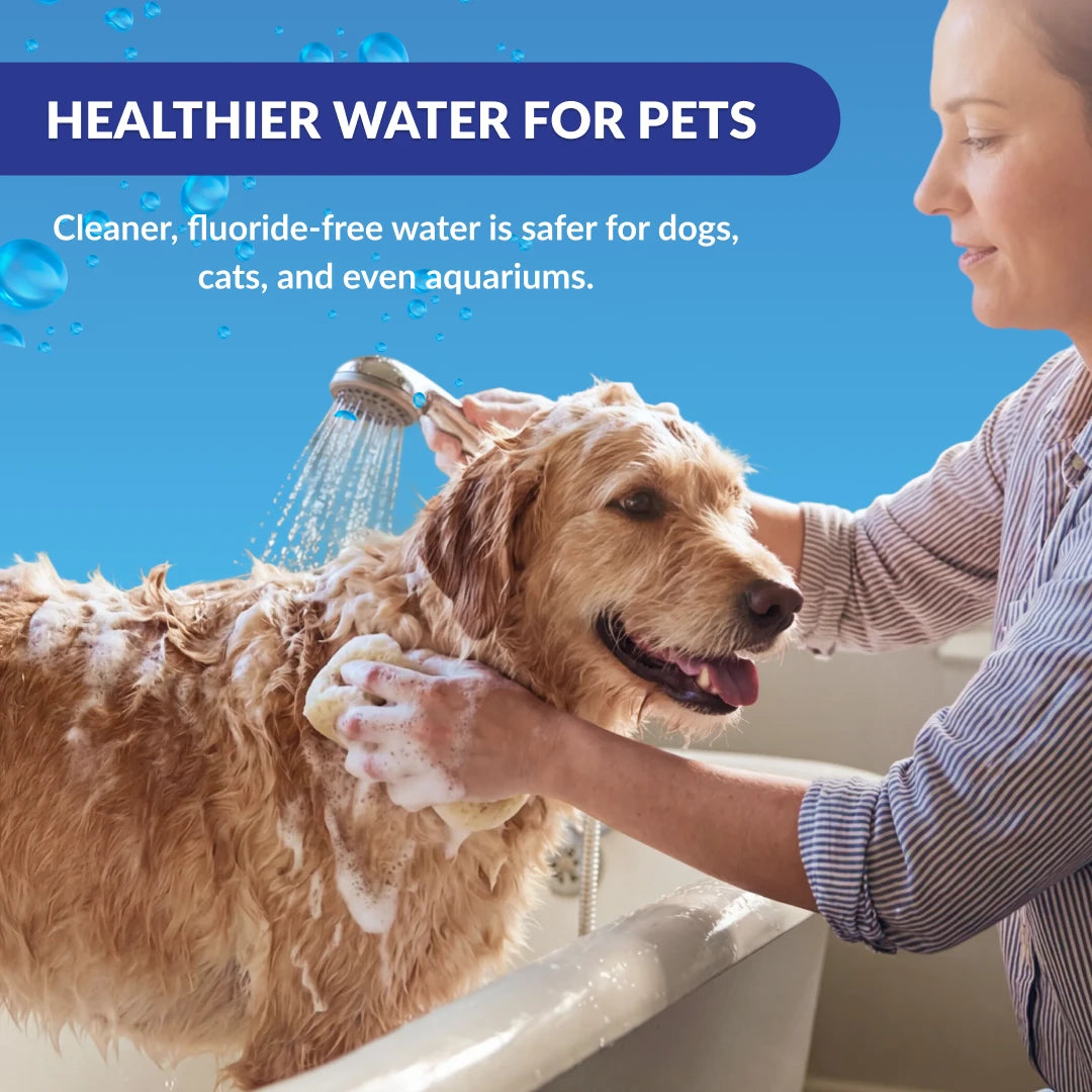 SoftPro Elite Smart HE water softener with a woman bathing a dog, promoting fluoride-free water for pets.