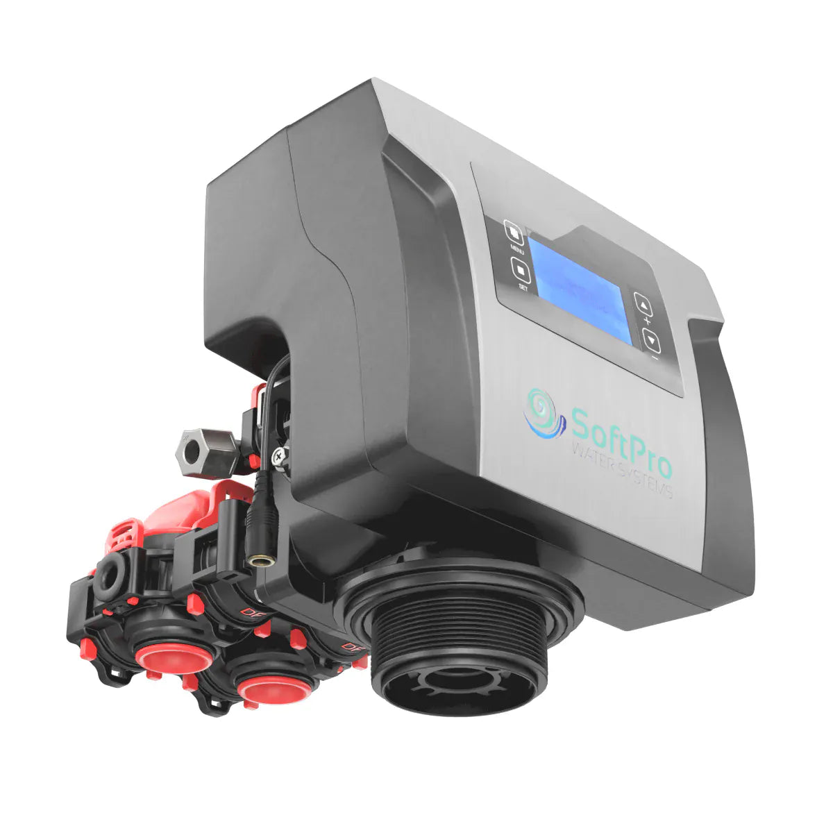 Mechanical device with digital display and 'SoftPro' branding on a white background