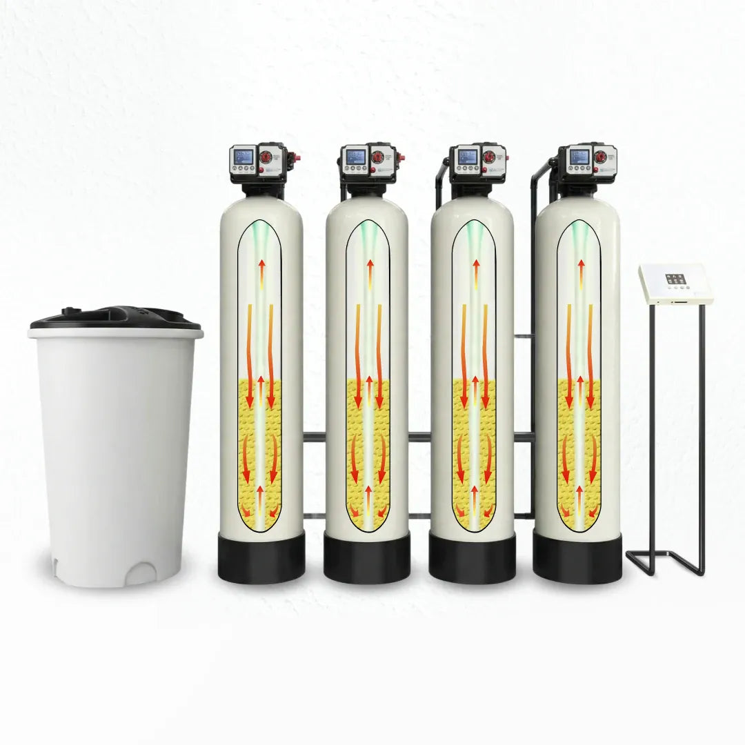 SoftPro Pro Series commercial water softener system with four cylindrical tanks and a control panel