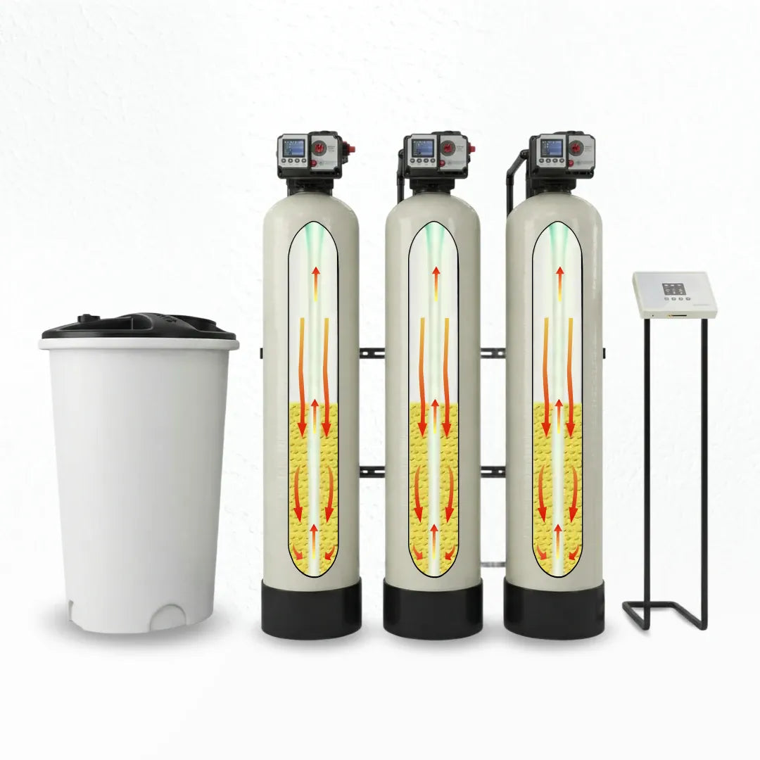SoftPro Pro Series commercial water softener system with three cylindrical tanks and a control panel