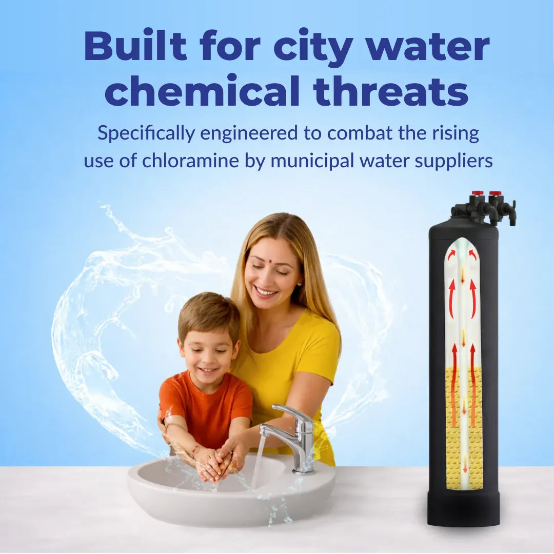 A woman and child wash hands at a sink next to a black SoftPro water filter tank with a cutaway showing internal filtration.