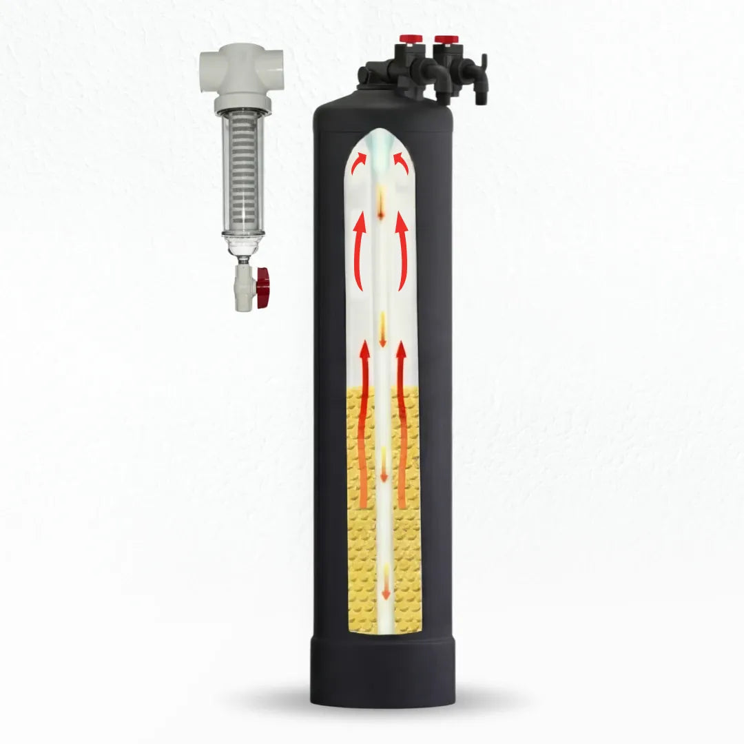 Black cylindrical water filter tank with a cross-section showing internal filtration media and red flow arrows.