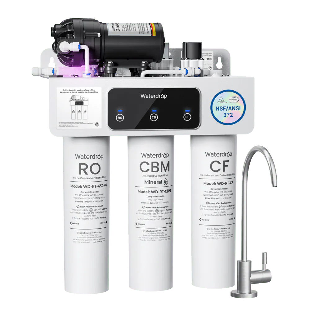 White plastic Waterdrop T3-M water filter system with three vertical canisters and a silver metal faucet.
