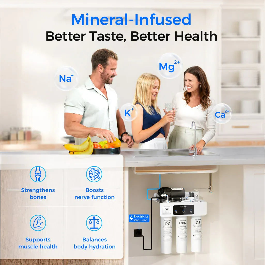White Waterdrop T3-M water filter system with three canisters installed under a kitchen sink near a family.