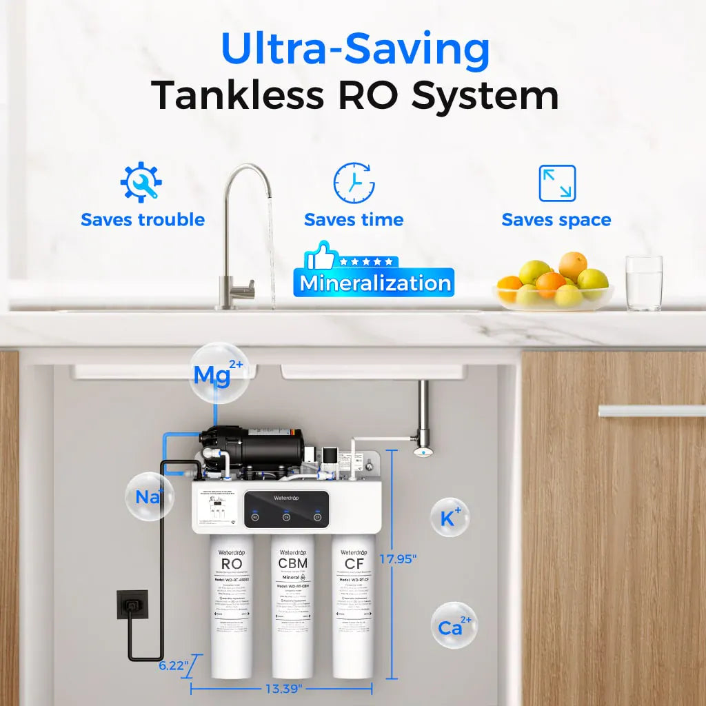 White Waterdrop tankless RO system with three vertical filters installed under a kitchen sink.