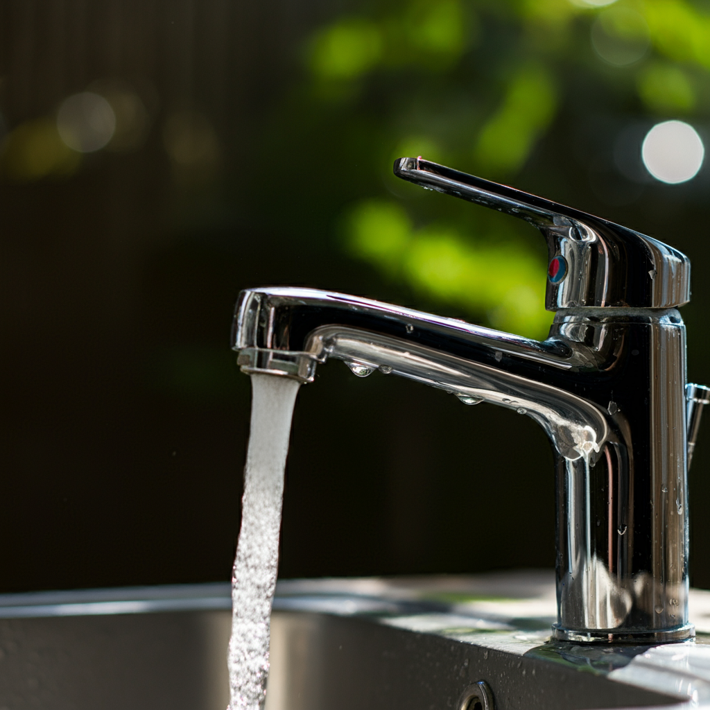 Clean water flowing from a faucet after lead removal