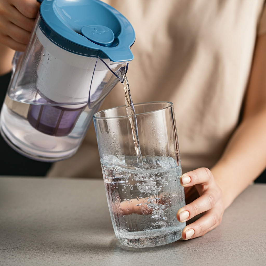 Clear glass of water being poured from a pitcher with a chlorine removal filter