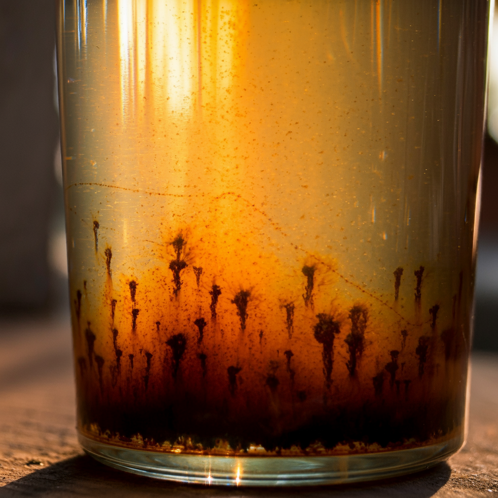 Glass of water discolored by high iron levels from a well