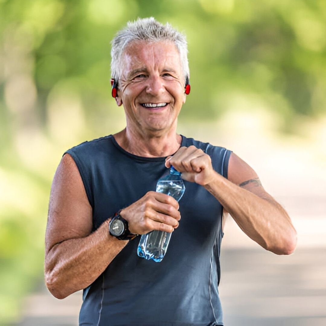 Older man holding water bottle smiling while walking outside