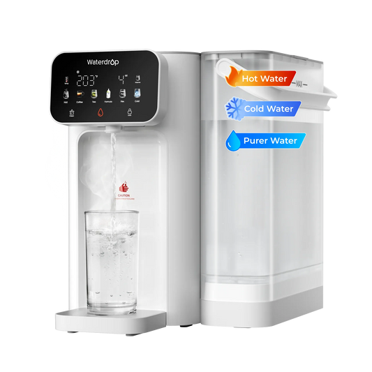 White Waterdrop countertop water filter dispenser with digital display pouring hot water into a glass.
