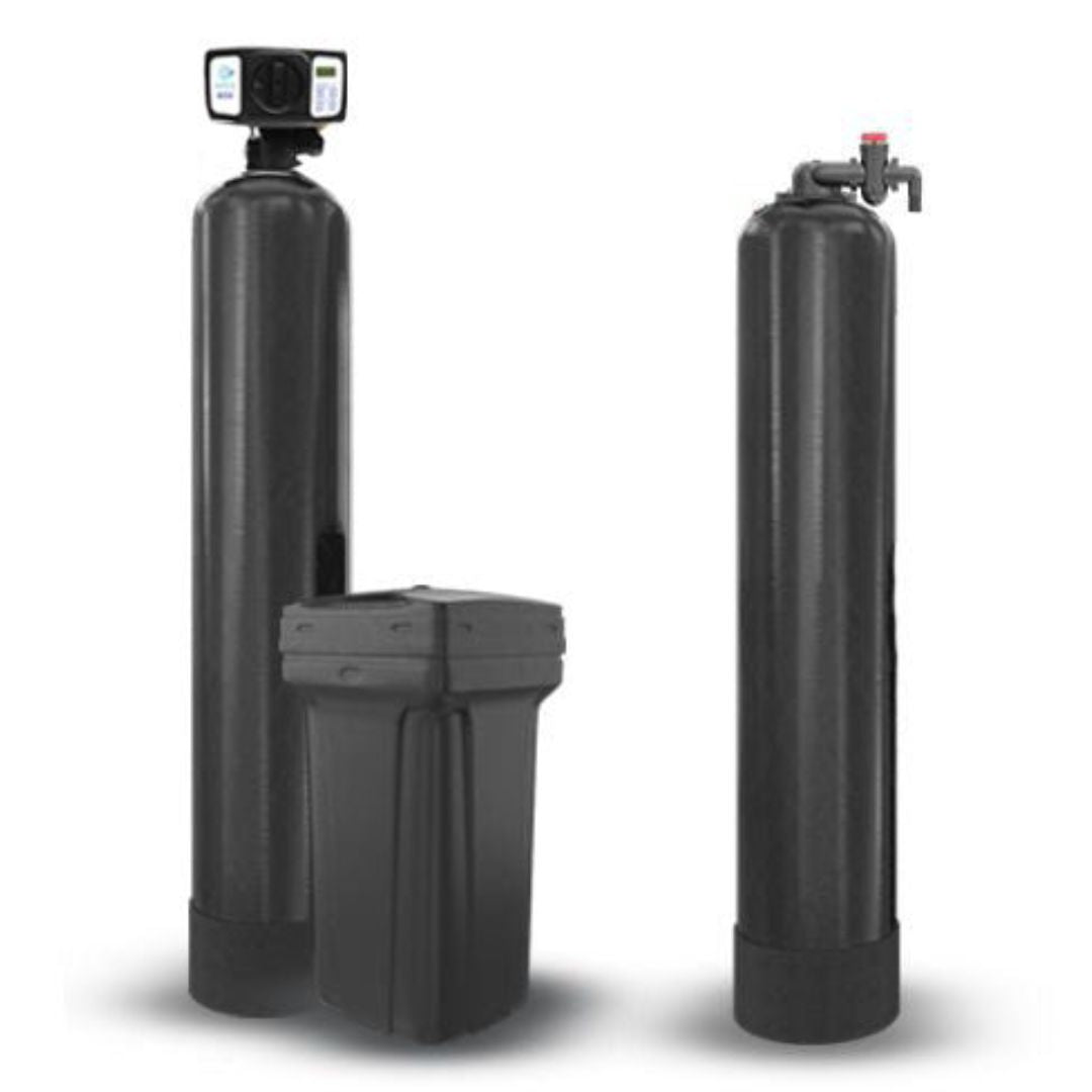 Three black cylindrical water filtration systems on a white background