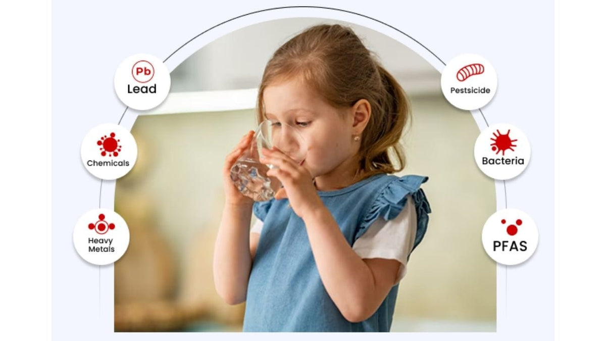 Child drinking water with health hazard icons on a white background