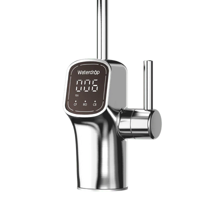 Silver metal faucet with a digital display showing Waterdrop, 006 TDS, and CF RO CB indicators on a black background.