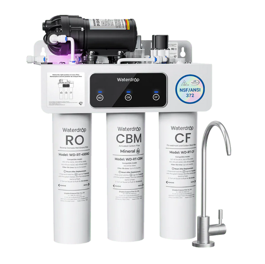White plastic Waterdrop T3-M water filter system with three vertical canisters and a silver metal faucet.