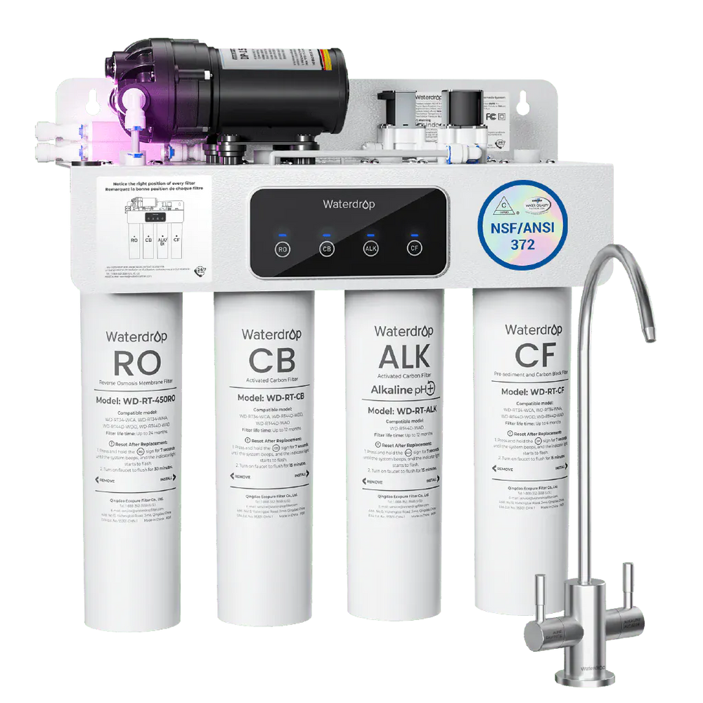 White Waterdrop reverse osmosis system with four vertical filter canisters labeled RO, CB, ALK, and CF beside a metal faucet.