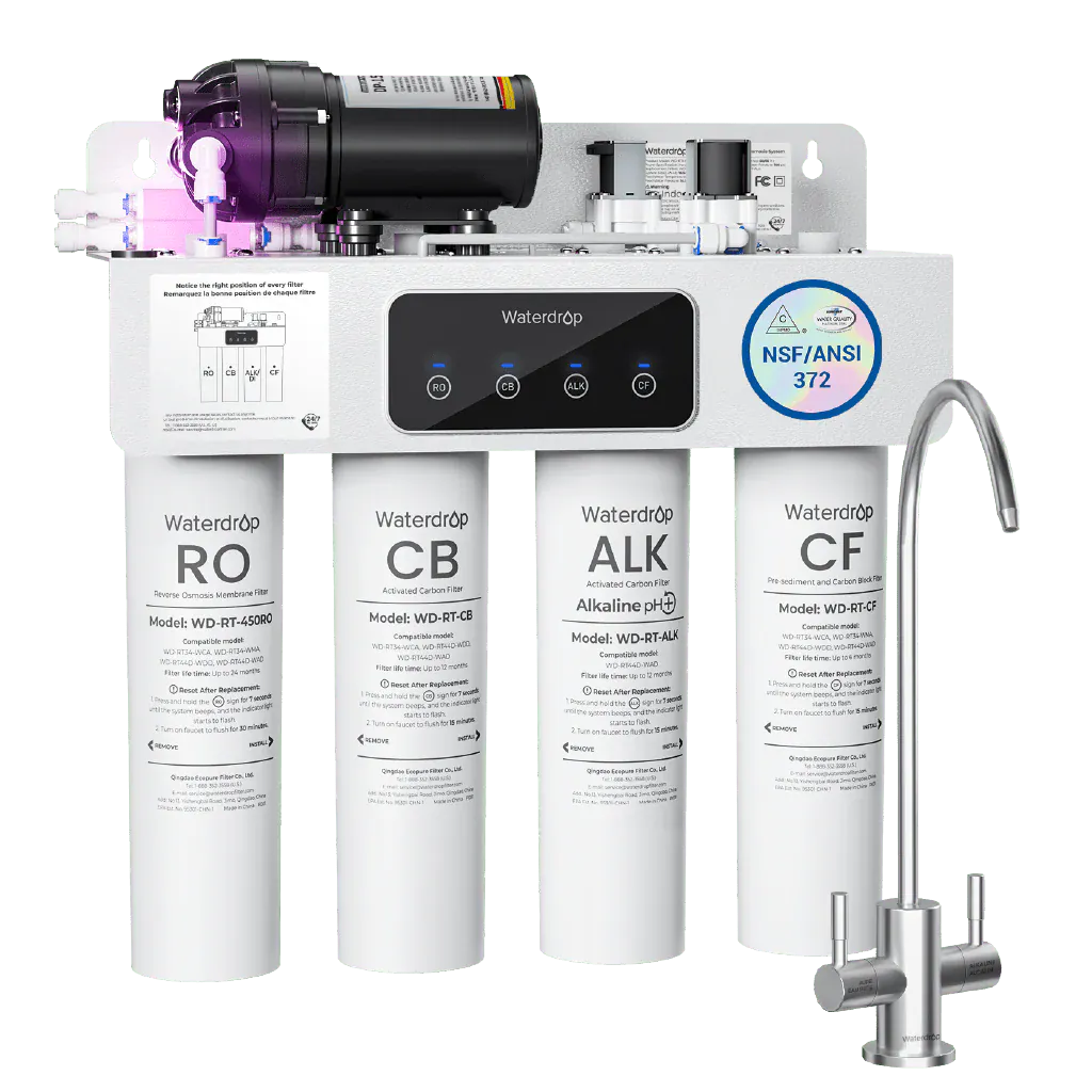 White Waterdrop reverse osmosis system with four vertical filter canisters labeled RO, CB, ALK, and CF beside a metal faucet.