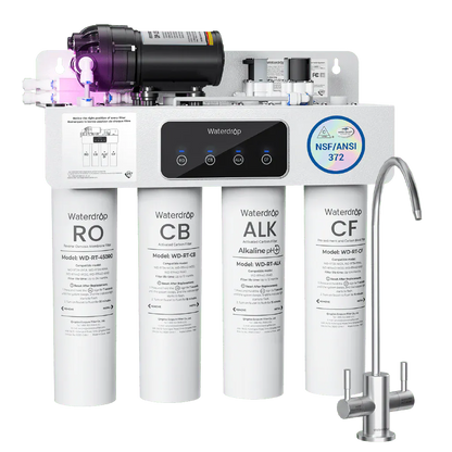 White Waterdrop reverse osmosis system with four vertical filter canisters labeled RO, CB, ALK, and CF beside a metal faucet.