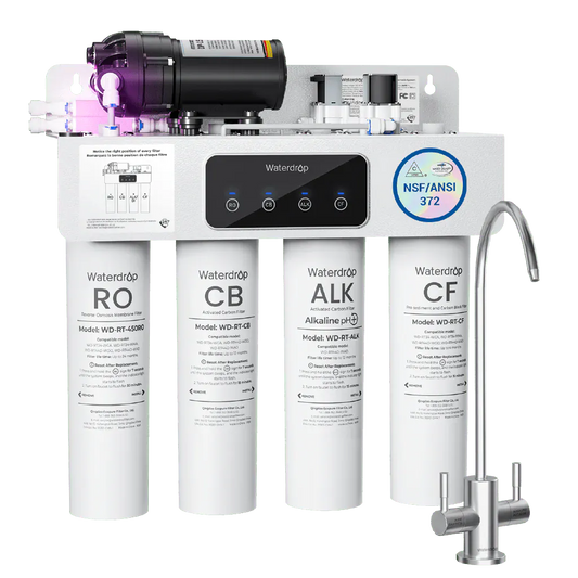 White Waterdrop reverse osmosis system with four vertical filter canisters labeled RO, CB, ALK, and CF beside a metal faucet.